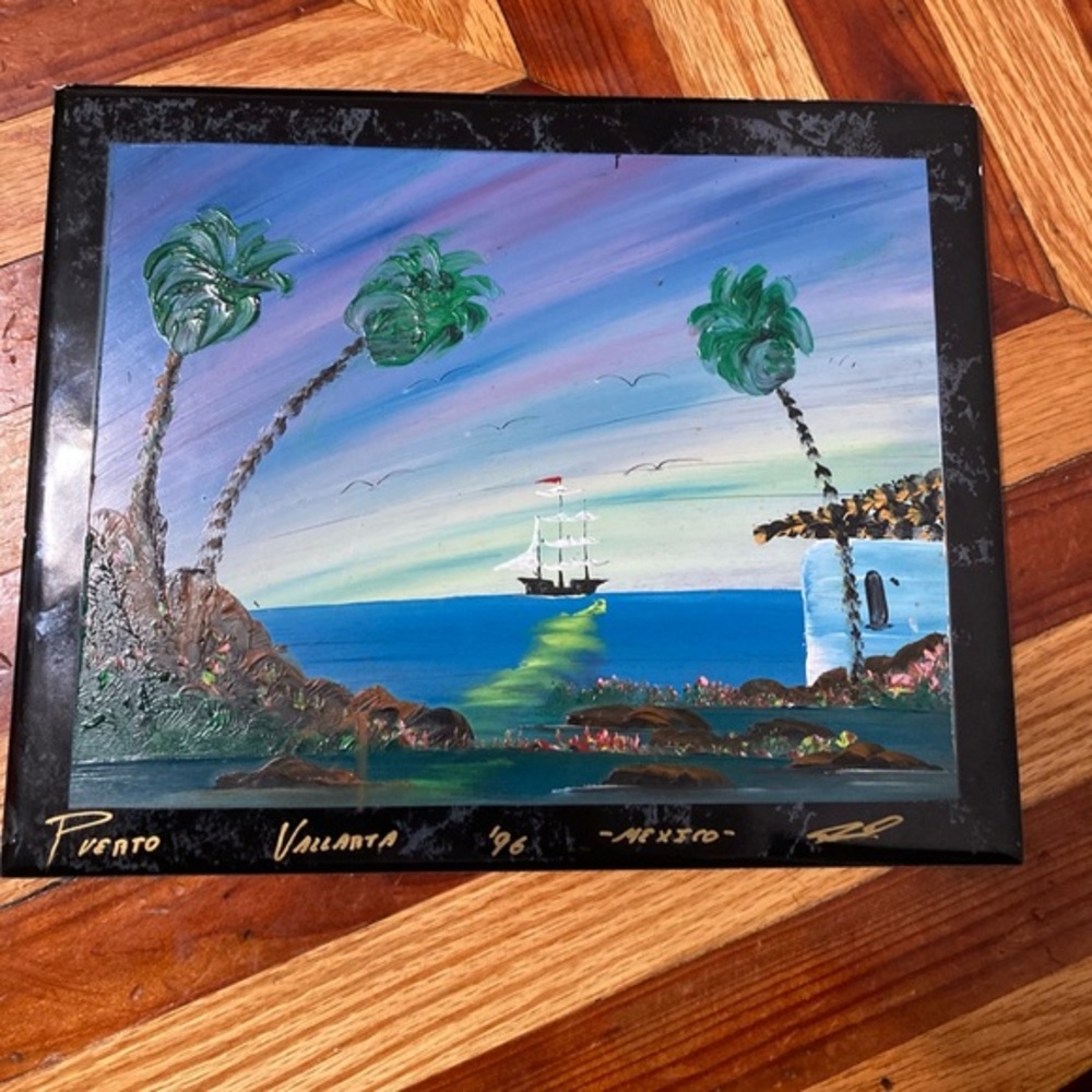 VTG Puerto Vallarta‎ Handpainted Mexico 10"x 8" Wall Decor Beach Palms Signed